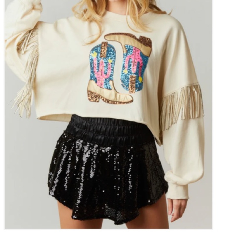Boot Kickin' Sequin Fringe Crop Sweatshirt